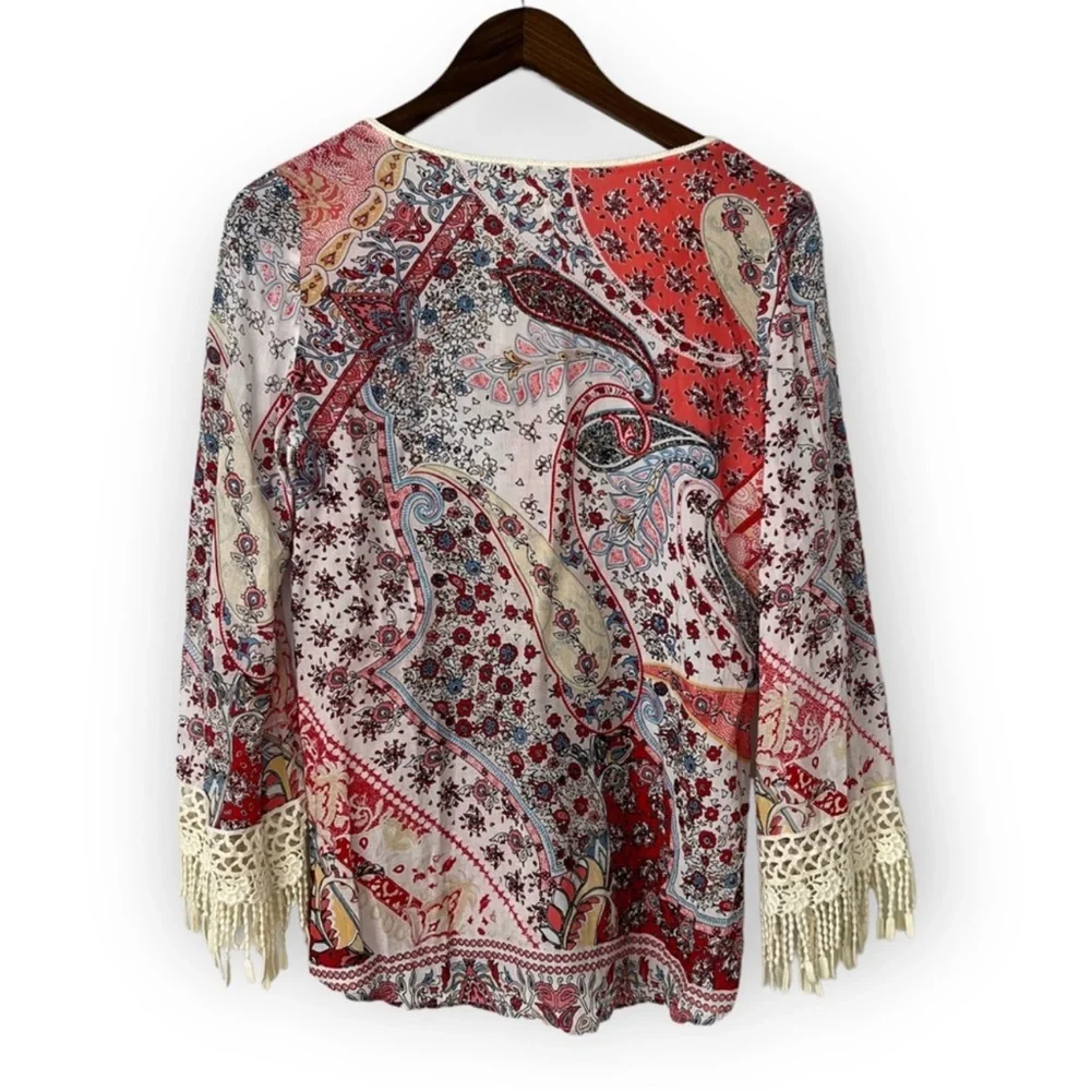 SUNDANCE Terrazzo Top XS Peasant Paisley Lace Fringe Trim Long Sleeves B… - Picture 4 of 13